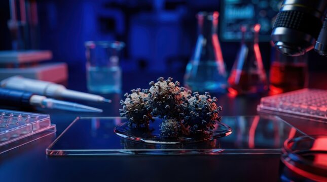 A scientist examines a cluster of virus cells on a microscope slide in a lab.