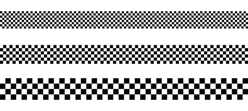 Checkered racing flag border set. Black and white checker pattern strip. Motorsport finish line banner.