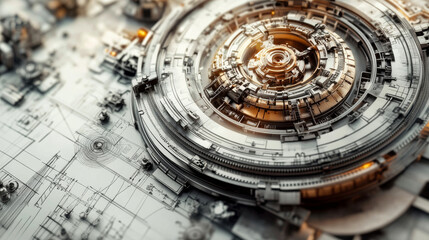 An abstract complex mechanical machinery over an intricate blueprint. Mechanical complexity concept.