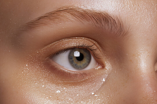 Close-up of thin overplucked eyebrows with heavy shimmer eyeshadow and frosted highlight on the brow bone