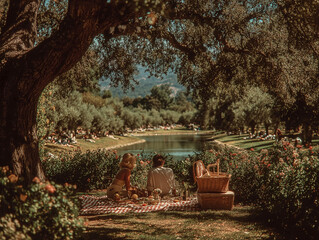 Obraz premium Young couple enjoying a picnic on a checkered blanket with wicker basket in park during warm dappled sunlight