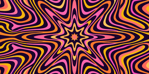 A vibrant swirling kaleidoscope pattern with orange pink and purple hues