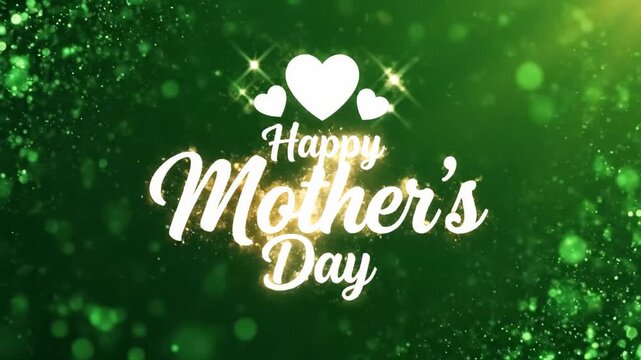 Happy Mother's Day text with hearts on glowing green background