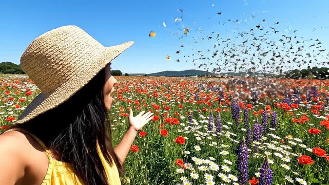 Asian woman in straw hat stands in vibrant flower field, gesturing towards colorful butterflies fluttering around, showcasing a lively natural scene in bright sunlight