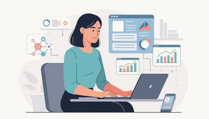 Vector illustration of a woman marketing specialist sitting at a desk using a laptop to analyze artificial intelligence data insights with floating charts and graphs.
