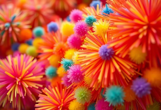 Brightly colored pom poms in motion, close-up view,  accessories,  vibrant
