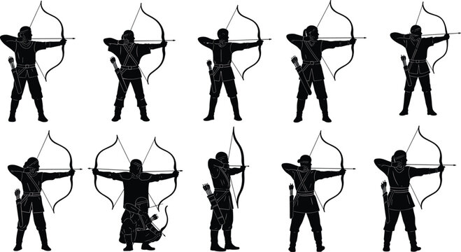Archer silhouette set, medieval bow hunter warrior aiming arrow archery black vector illustration collection isolated