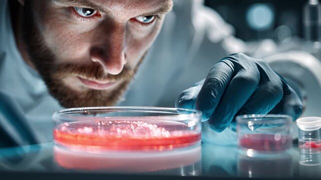 Scientist Examining Petri Dish in Laboratory Setting with Concentration