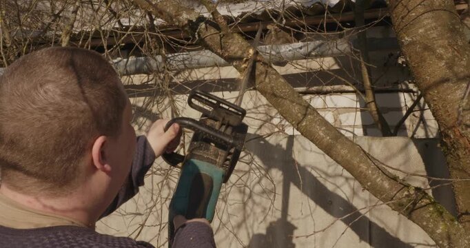 Young man cutting down a tree branch with a powerful electric reciprocating saw during spring garden maintenance, with sawdust flying and the branch eventually falling down.