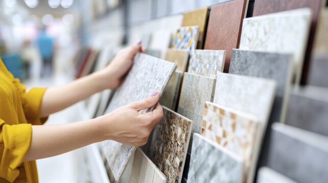 Woman choosing ceramic tiles in home improvement store for interior design