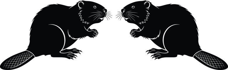 Beaver silhouette vector illustration, two beavers facing each other with detailed tails wildlife rodent animal black design collection © Shahanaj