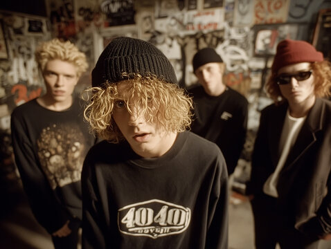 Five young men in a boyband posing confidently outdoors for a Y2K music video shoot
