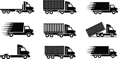 Cargo truck silhouette icons, delivery transport vehicles collection including container trucks dump trucks logistics shipping transportation vector illustration set © Shahanaj