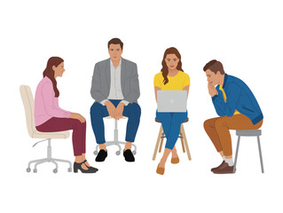 Fototapeta premium Group of diverse people sitting together, business meeting and collaboration concept minimalist vector illustration for design