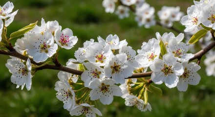 Obraz premium Delicate Pear Blossoms Flourish on Branch in Spring Sunlight