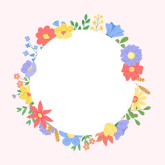 Obraz premium Round Flower banner frame or greeting card. Vector banner template with garden and wildflowers and leaf branches.