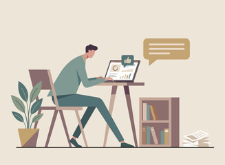 Fototapeta premium Professional man working on a laptop at a desk with a plant and bookshelf in a flat illustration style.
