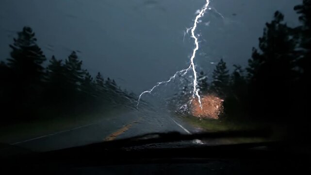 Rainy driving scene from inside a car showing windshield wipers clearing water while trees and road are visible in the background, creating a moody atmosphere