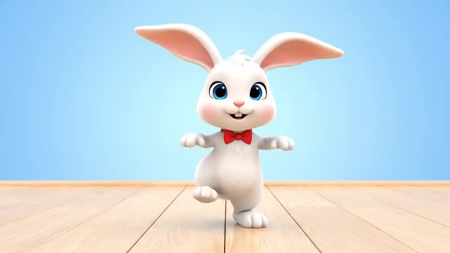 Funny white rabbit character standing one leg up on a wood floor in front of blue background, cartoon 3D rendering animation.