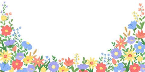 Obraz premium Flower banner frame or greeting card. Vector banner template with garden and wildflowers and leaf branches.