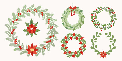Festive christmas wreath collection with poinsettia and berry decorations © Rathin