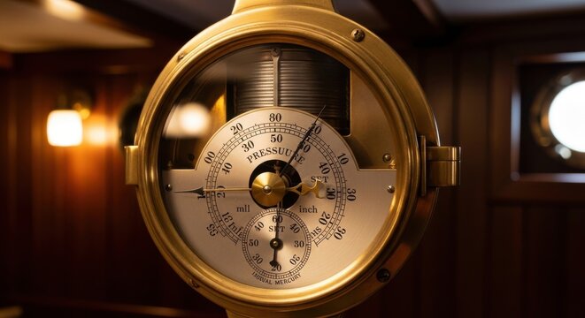 Close-up of a vintage brass aneroid barometer with a detailed dial measuring atmospheric pressure, showcasing historical scientific measurement.