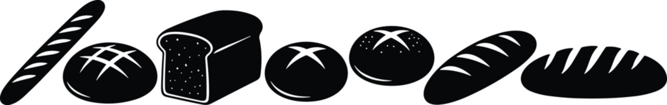 Assorted fresh bread silhouette collection featuring baguette loaf sourdough and round buns for bakery branding artisan food shops healthy breakfast menus and culinary vector designs