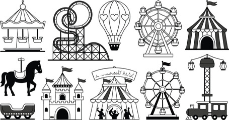 Black and white amusement park vector illustration set featuring Ferris wheel, roller coaster, carousel, carnival tents, circus castle, and hot air balloon icons © Dhanu's World