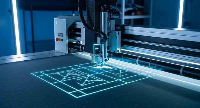 automated digital cutting machine projecting a glowing design onto textile showcasing smart factory manufacturing and precision technology.