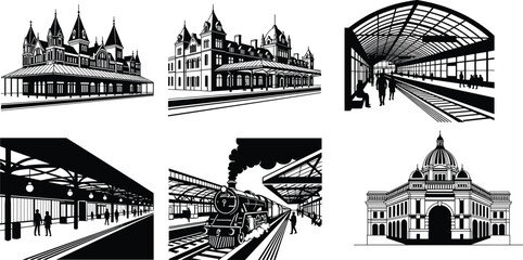 Historic railway station architecture vector set, classic train terminal buildings platforms steam locomotive transportation illustration collection © Shahanaj