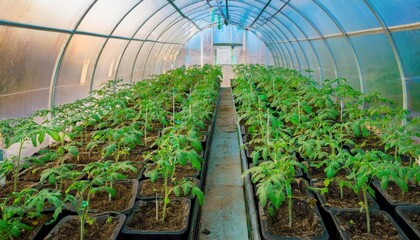 Greenhouse filled with healthy tomato plants cultivated under artificial lighting