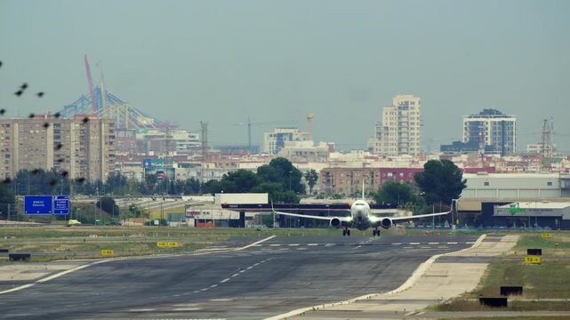 A passenger airplane makes its final approach to a runway in slow motion. A large flock of birds flies dangerously across its path just before touchdown. A city and port are visible in the hazy