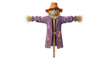 Obraz premium Cheerful straw scarecrow with a big smile, orange hat, and patched purple jacket, symbolizing autumn harvest, traditional farm life, and rustic charm, isolated on white
