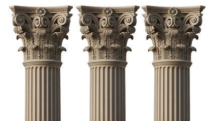 Obraz premium Three ancient stone columns with intricate carvings on transparent background