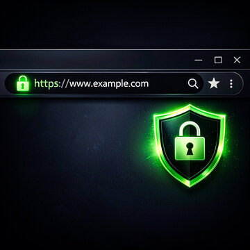 Secure HTTPS website concept with glowing green shield and padlock icon in browser address bar, cybersecurity protection, SSL encryption and safe internet browsing technology
