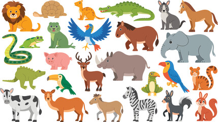 Fototapeta premium Collection of Diverse Animals in a Whimsical Illustration Style