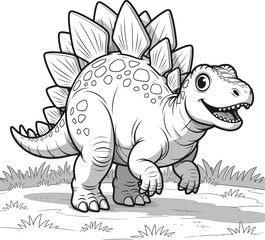 A charming black and white line art illustration of a friendly stegosaurus dinosaur with plates on its back, walking happily outdoors in a grassy field © MstSharifa