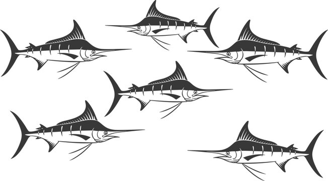 marlin fish silhouette set, swordfish ocean predator collection, marine wildlife illustration, sport fishing species vector, sea animal design