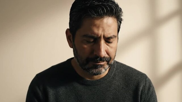 A man with dark hair and beard appears contemplative, head bowed, in a dimly lit room. He wears a dark sweater, and shadows create a pattern on the wall behind him, indicating a somber mood.