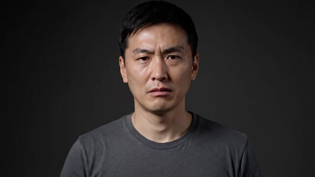A man with short black hair, wearing a gray t-shirt, displays a range of facial expressions from neutral to confused and serious against a dark background.
