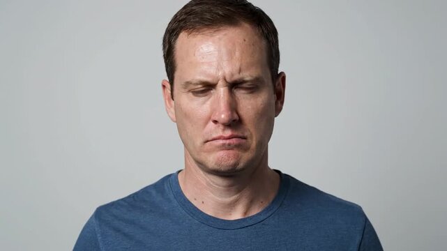 A man displays various facial expressions showing anger, frustration, confusion, and seriousness in a series of sequential photos against a plain background.