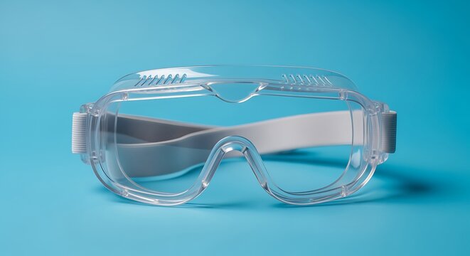 Clear protective safety goggles with white strap and adjustable knob on blue background for industrial or medical use