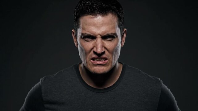 A man displays intense anger and frustration across multiple frames, facial expressions showing clenched teeth, furrowed brows, and a grimace, against a dark background.