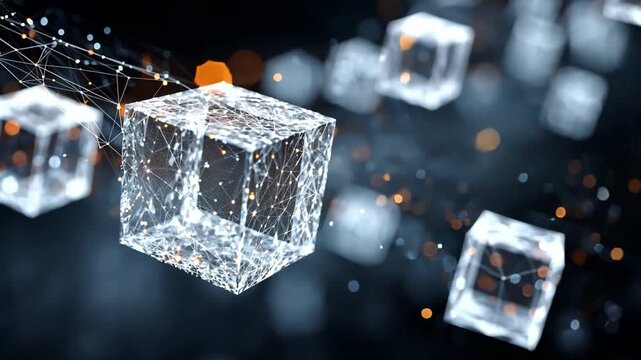 Abstract 3D Digital Cubes with Glowing Connections and Particles