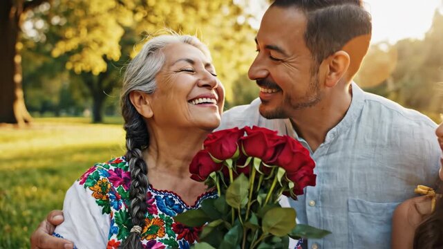 Multi-generational Hispanic family having picnic in park at golden hour