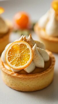Triptych closeup of three citrus tarts on a white plate topped with creamy meringue and candied orange slices a soft lit pan and subtle zoom revealing crust and texture