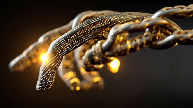Close-Up View of Interlinked Chains with Glowing Lights and Patterns