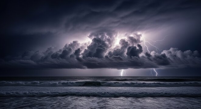 Dramatic ocean storm with jagged dark grey cloud edges illuminated by lightning flashes over the sea