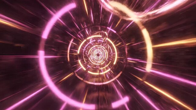 A neon-lit tunnel with circular patterns and streaks of light, swirling in a dark space