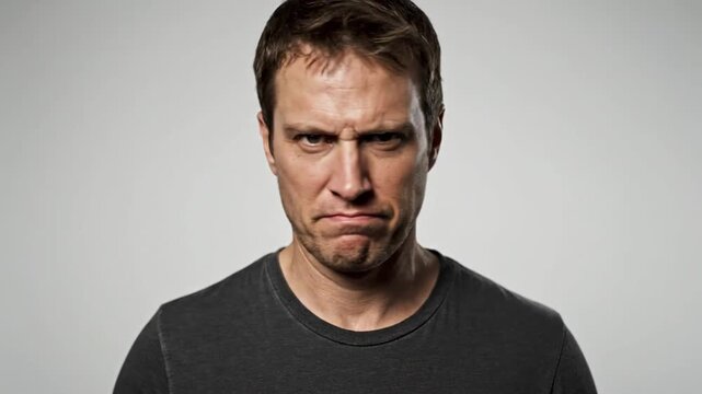 A collage of twenty images of a man displaying various expressions of anger, confusion, and frustration against a plain light gray background, wearing a dark t-shirt.